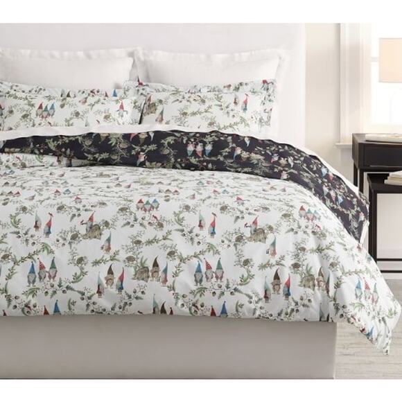 Pottery Barn White Forest Gnome Reversible Organic Percale Duvet Cover King NWT - Picture 1 of 5